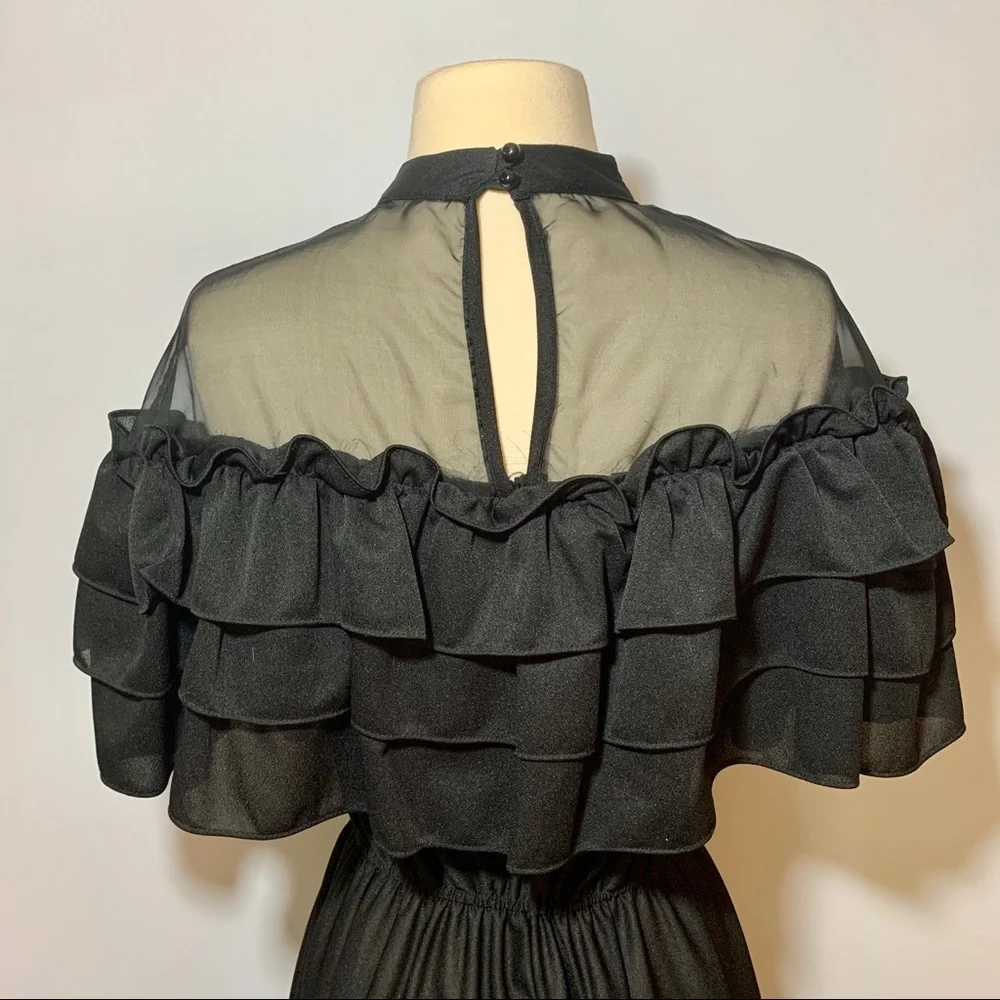 Vintage Black Sheer Neckline Ruffle Off Shoulder Bodice Fit Flare Cocktail Dress - Picture 5 of 8